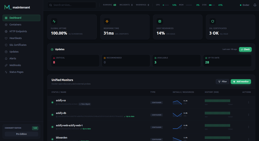 Unified dashboard — global uptime, response times, resources