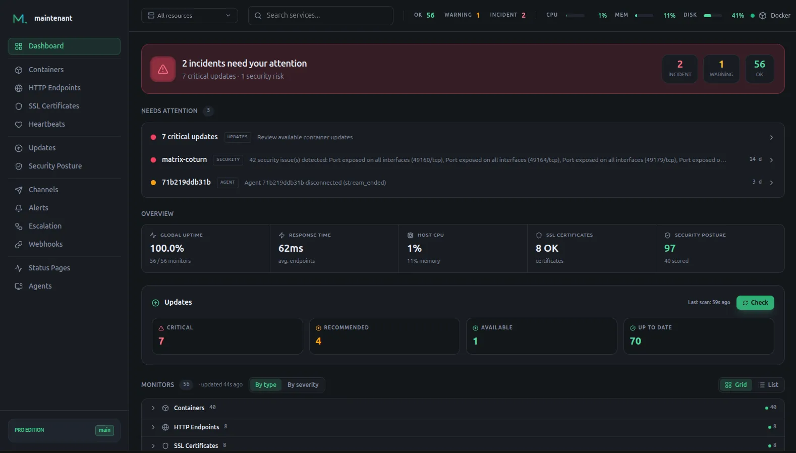 Unified dashboard: global uptime, response times, resources