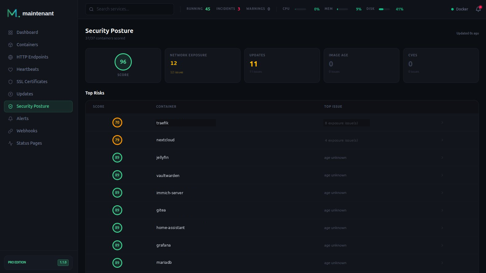 Security posture — vulnerability overview, risk scores