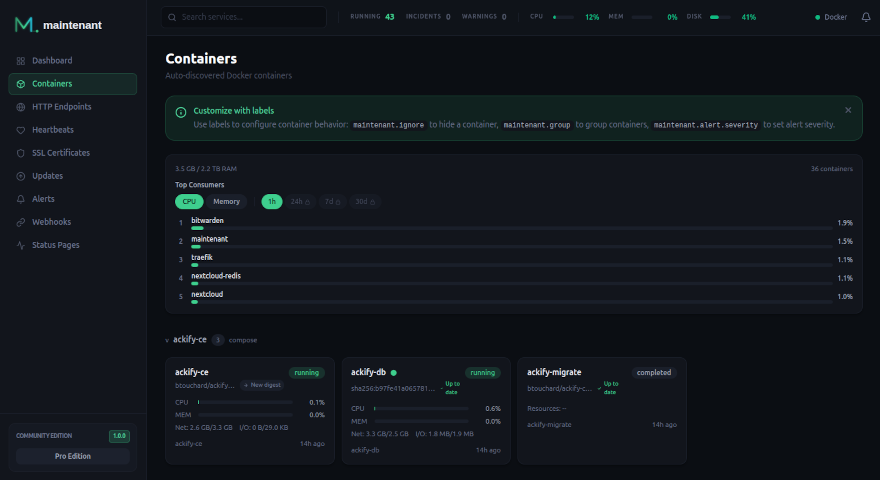 Container auto-discovery — states, resources, top consumers