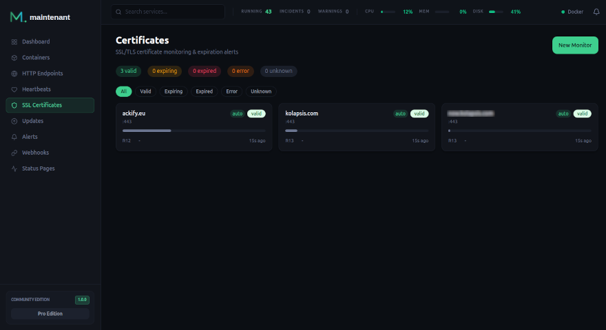 SSL/TLS certificate tracking — expiration, chain validation