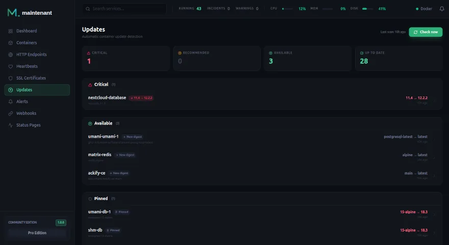 Update intelligence : critiques, disponibles, versions épinglées