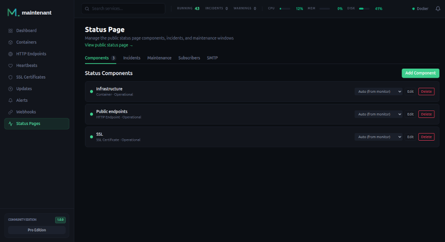 Status page configuration — components, incidents, maintenance